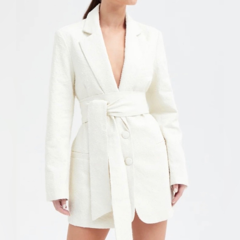 NWT Because of Alice Boucle Belted Blazer Dress Tweed Cream